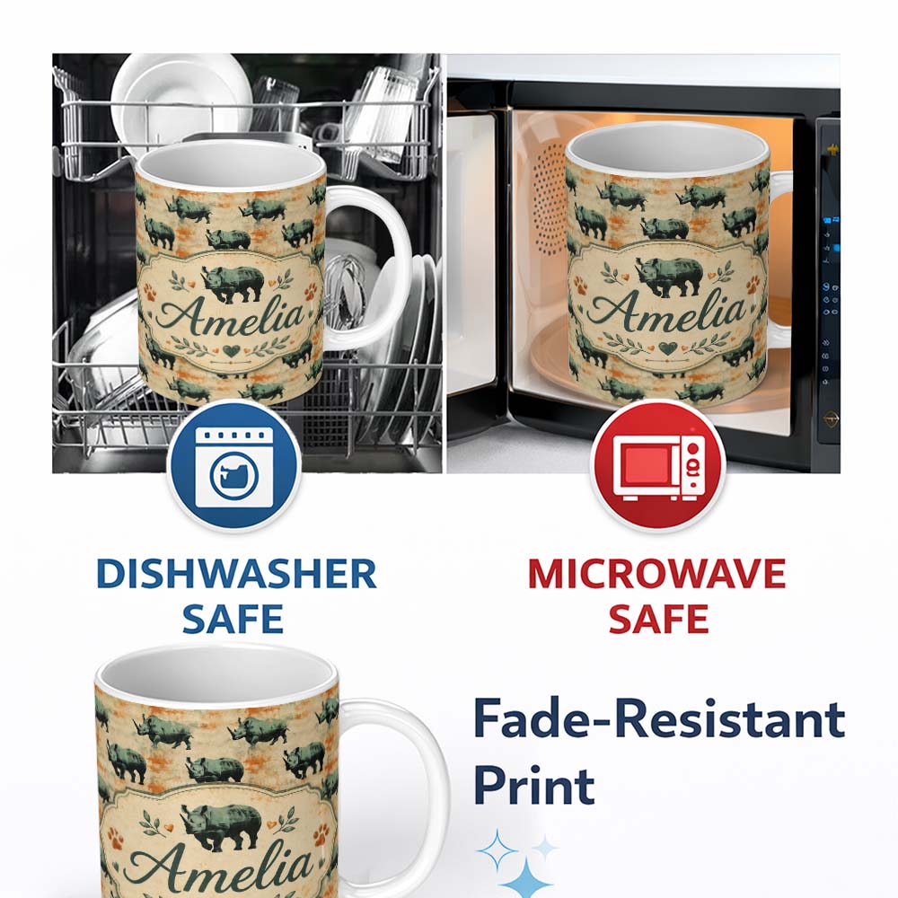 Personalized Custom Name Vintage Style Rhino Illustration with Grunge Texture Seamless 11oz Ceramic Coffee Tea Mug White Large Handle