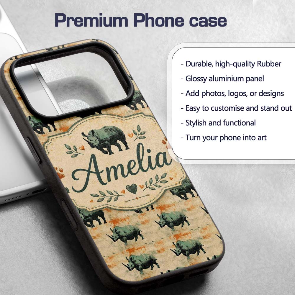 Vintage Style Rhino Illustration with Grunge Custom Name Protective Phone Case Mobile Cover Durable Everyday Smartphone Shock Resistant
