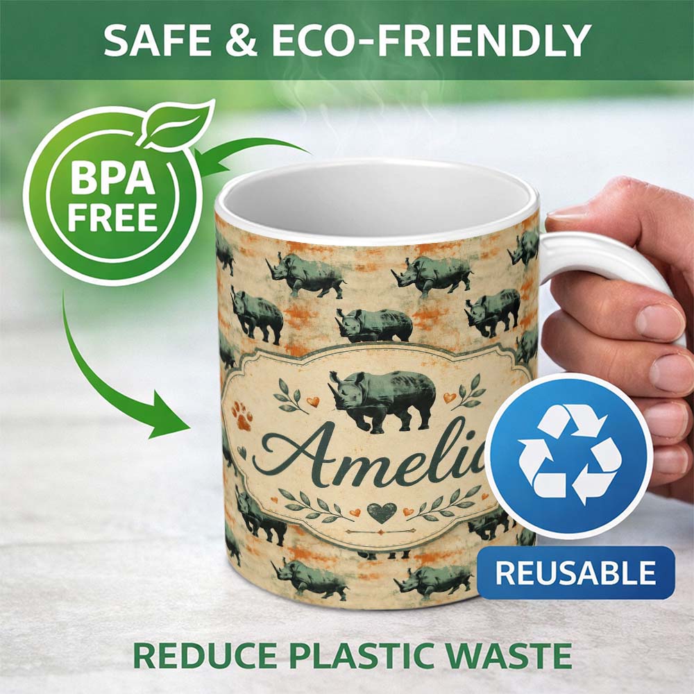Personalized Custom Name Vintage Style Rhino Illustration with Grunge Texture Seamless 11oz Ceramic Coffee Tea Mug White Large Handle
