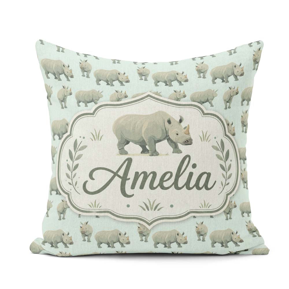Custom Name Realistic Rhino Figures Soft Blue Background Pattern Square Filled Cushion Throw Pillow Sofa Bed Home Decor Zip Washable UK Made