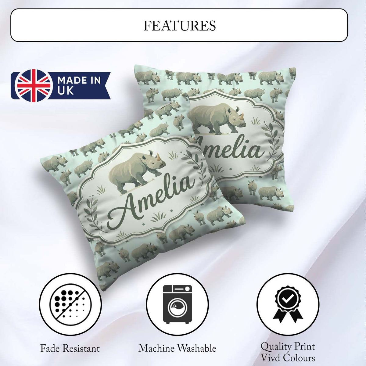 Custom Name Realistic Rhino Figures Soft Blue Background Pattern Square Filled Cushion Throw Pillow Sofa Bed Home Decor Zip Washable UK Made