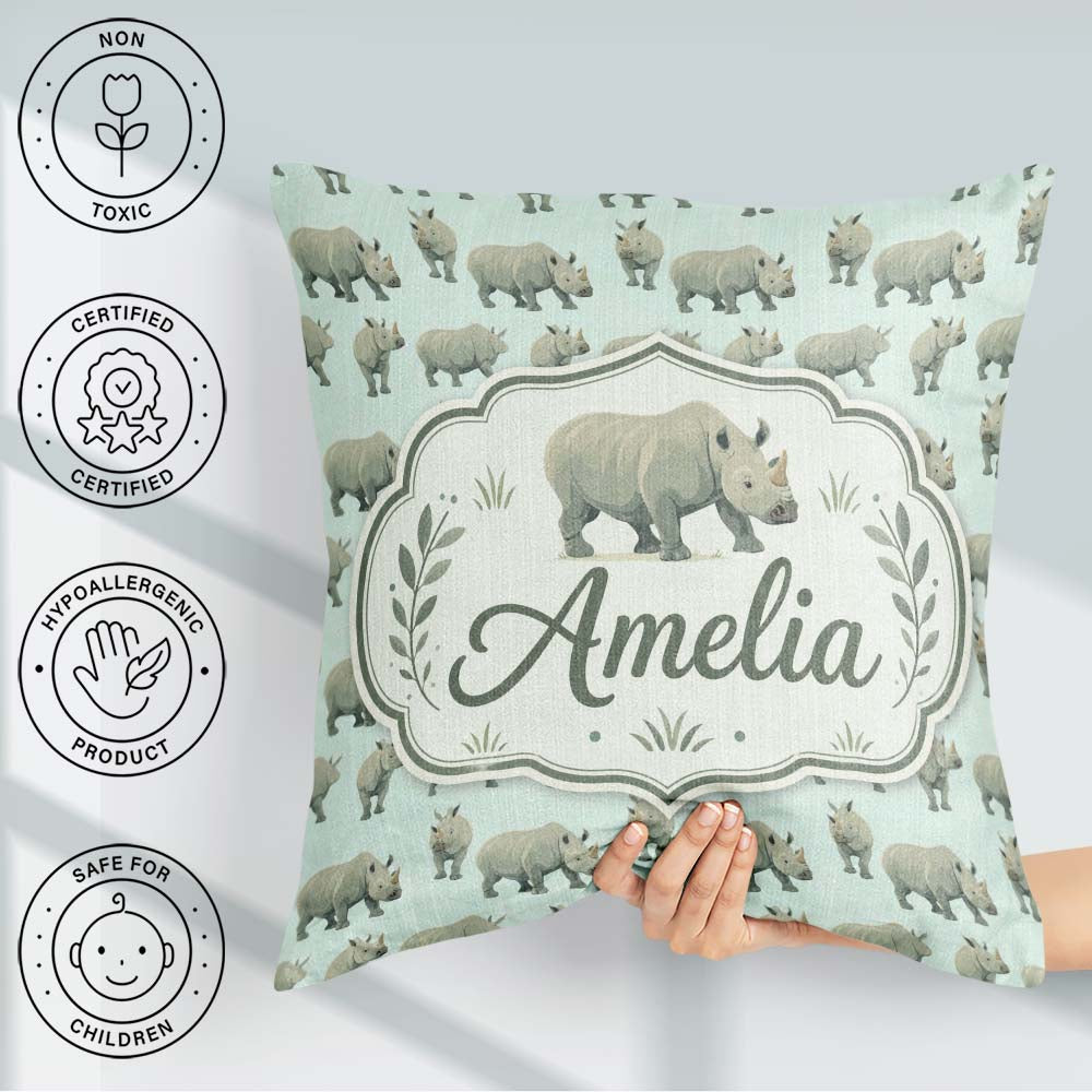 Custom Name Realistic Rhino Figures Soft Blue Background Pattern Square Filled Cushion Throw Pillow Sofa Bed Home Decor Zip Washable UK Made