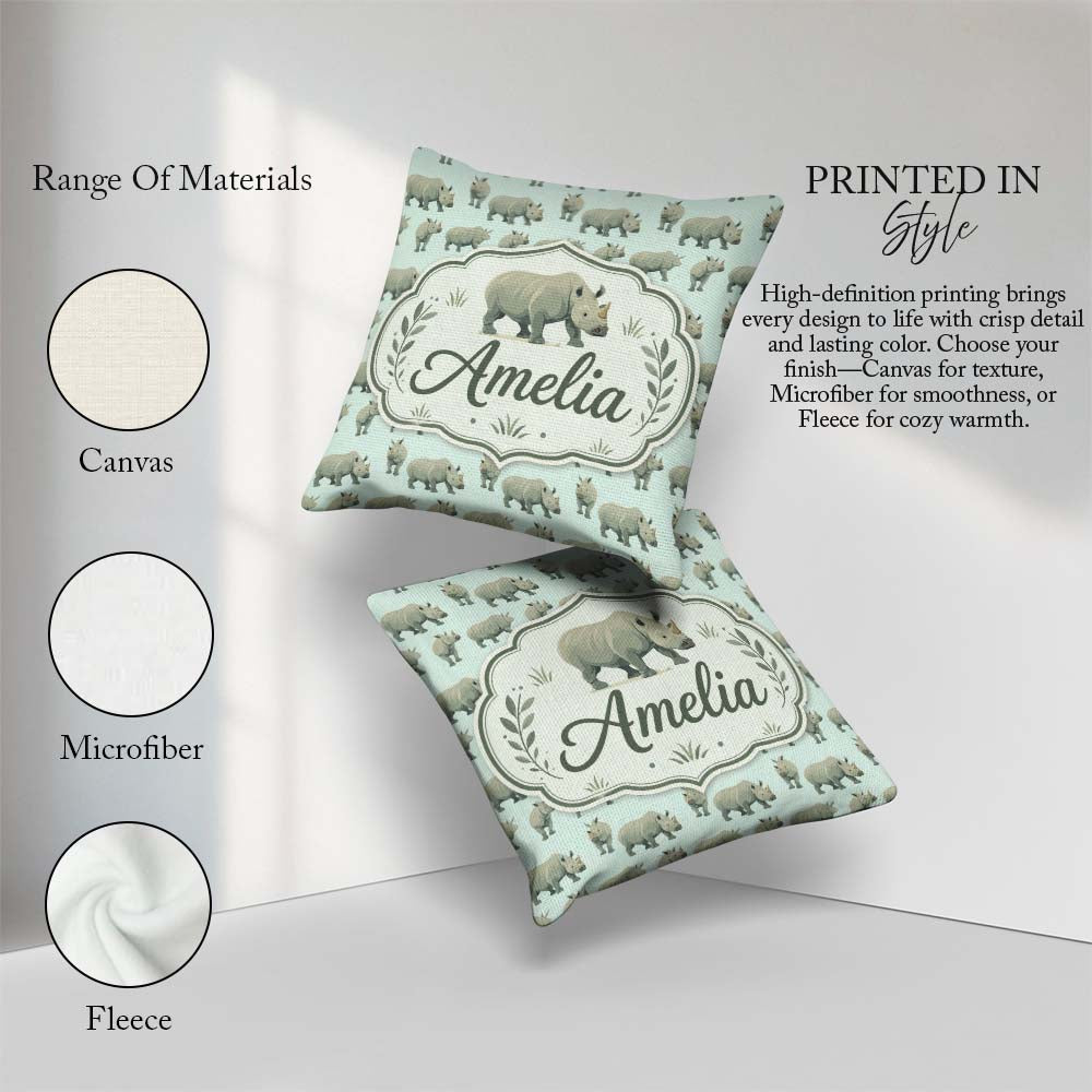 Custom Name Realistic Rhino Figures Soft Blue Background Pattern Square Filled Cushion Throw Pillow Sofa Bed Home Decor Zip Washable UK Made