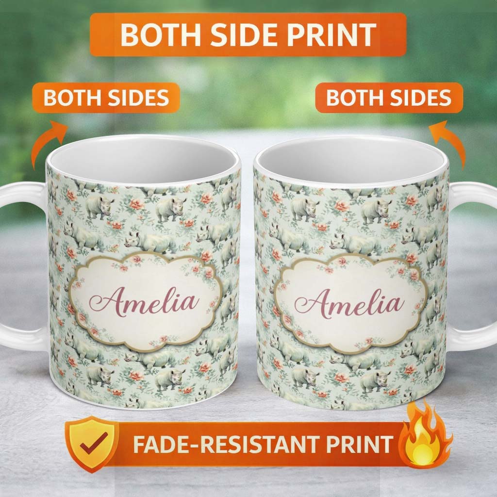 Personalized Custom Name Elegant Rhino with Floral Rose Elements Seamless Pattern Name Cute 11oz Ceramic Coffee Tea Mug White Large Handle