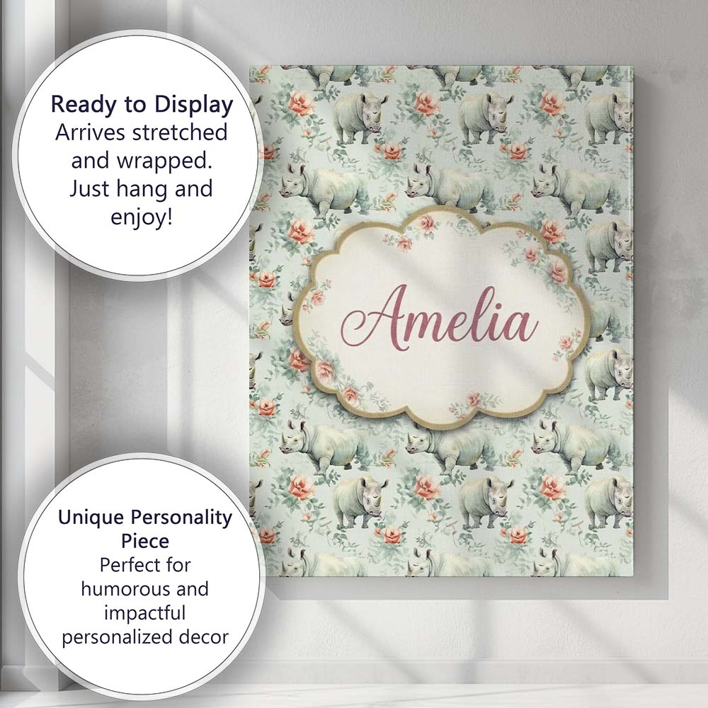 Personalised Name Elegant Rhino with Floral Custom Bespoke Interior Contemporary Canvas Wall Art Print Decor Picture Ready to Hang