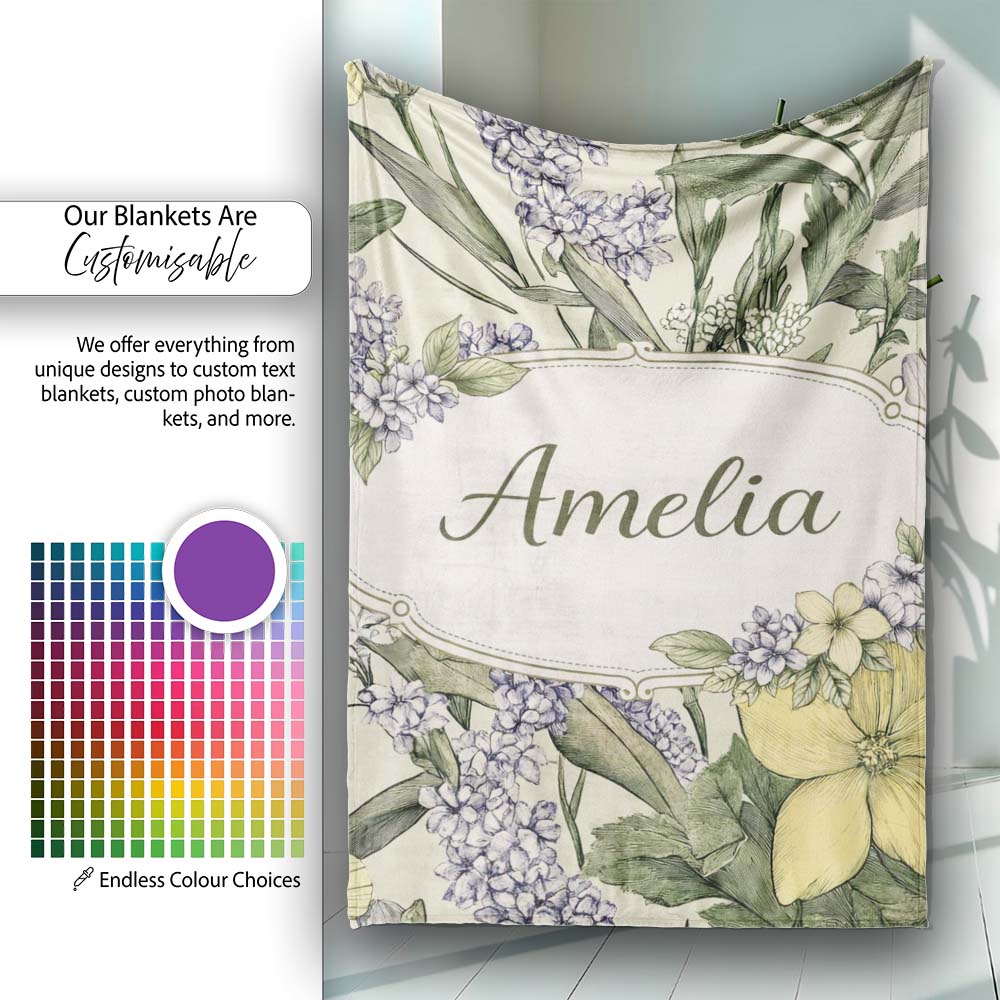 Vintage Botanical Floral Illustration Seamless Pattern Lovely Personalised Custom Name Super Soft Fleece Blanket Bed Sofa Throw