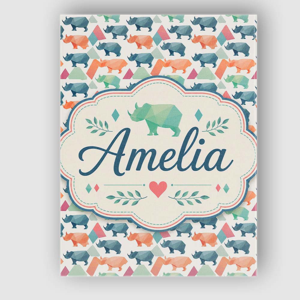 Personalised Name Colorful Geometric Rhino Custom Unique Gift Idea Elegant Feature Canvas Wall Art Print Decor Picture Ready to Hang