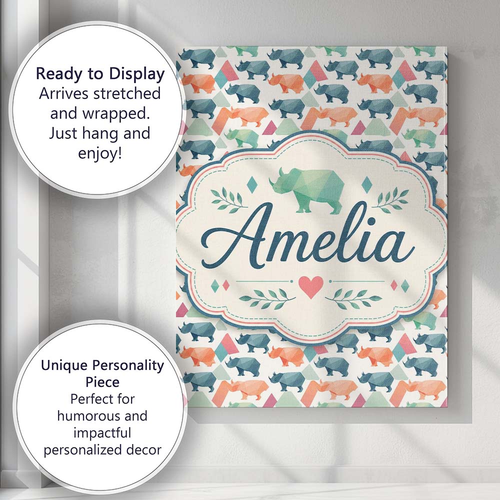 Personalised Name Colorful Geometric Rhino Custom Unique Gift Idea Elegant Feature Canvas Wall Art Print Decor Picture Ready to Hang