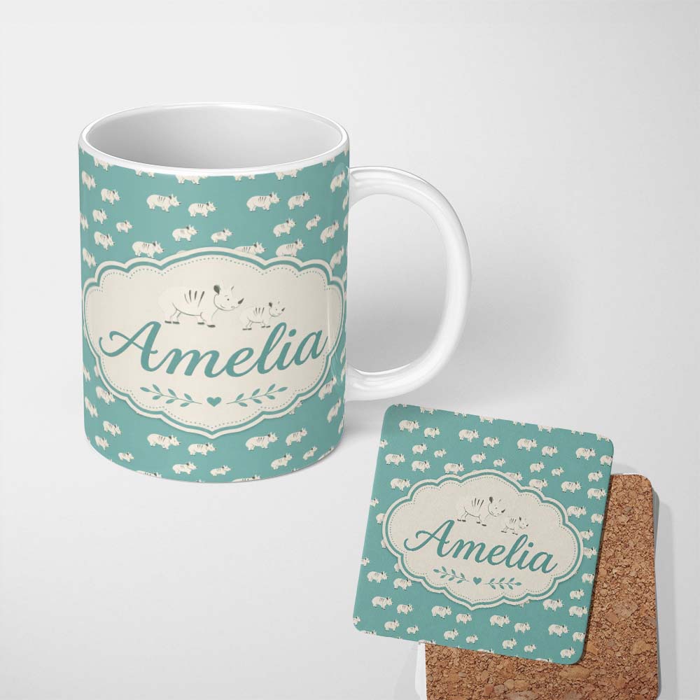 Personalized Custom Name Minimal White Rhino on Teal Background Seamless Pattern Name Cute 11oz Ceramic Coffee Tea Mug White Large Handle