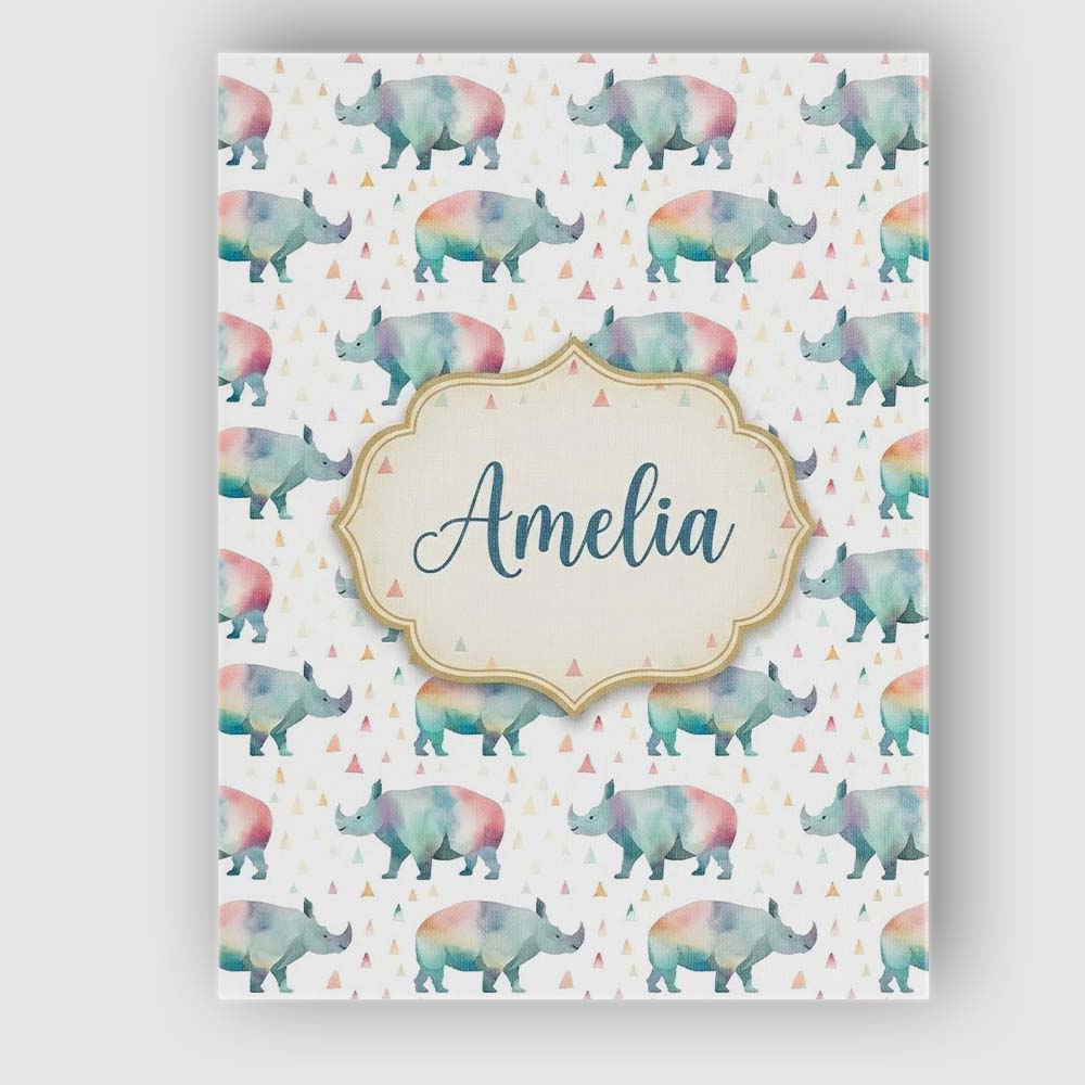 Personalised Name Pastel Watercolor Rhino Custom Unique Gift Idea Elegant Feature Canvas Wall Art Print Decor Picture Ready to Hang
