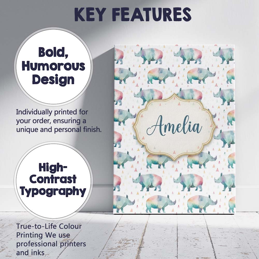 Personalised Name Pastel Watercolor Rhino Custom Unique Gift Idea Elegant Feature Canvas Wall Art Print Decor Picture Ready to Hang