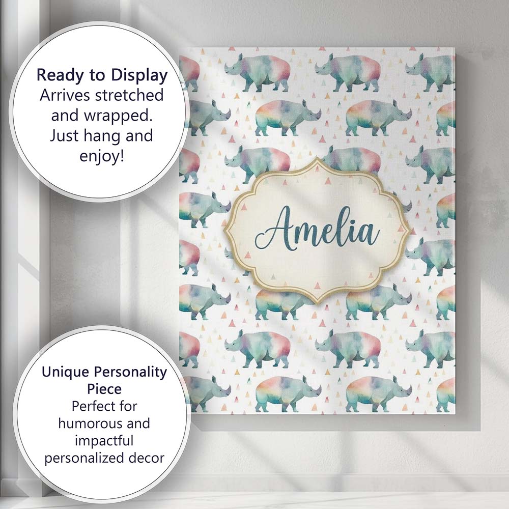 Personalised Name Pastel Watercolor Rhino Custom Unique Gift Idea Elegant Feature Canvas Wall Art Print Decor Picture Ready to Hang