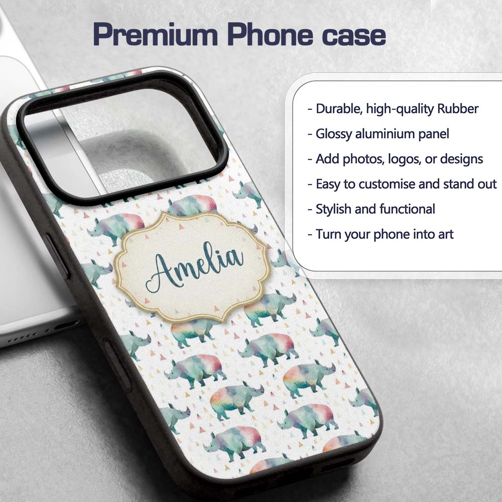 Pastel Watercolor Rhino with Colorful Triangle Custom Name Protective Phone Case Mobile Cover Durable Everyday Smartphone Shock Resistant