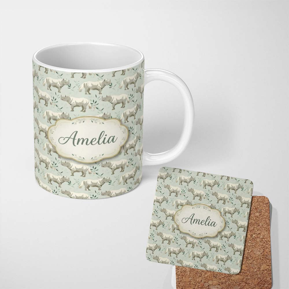 Personalized Custom Name Elegant Beige Rhino with Leaf Botanical Elements Seamless Pattern 11oz Ceramic Coffee Tea Mug White Large Handle
