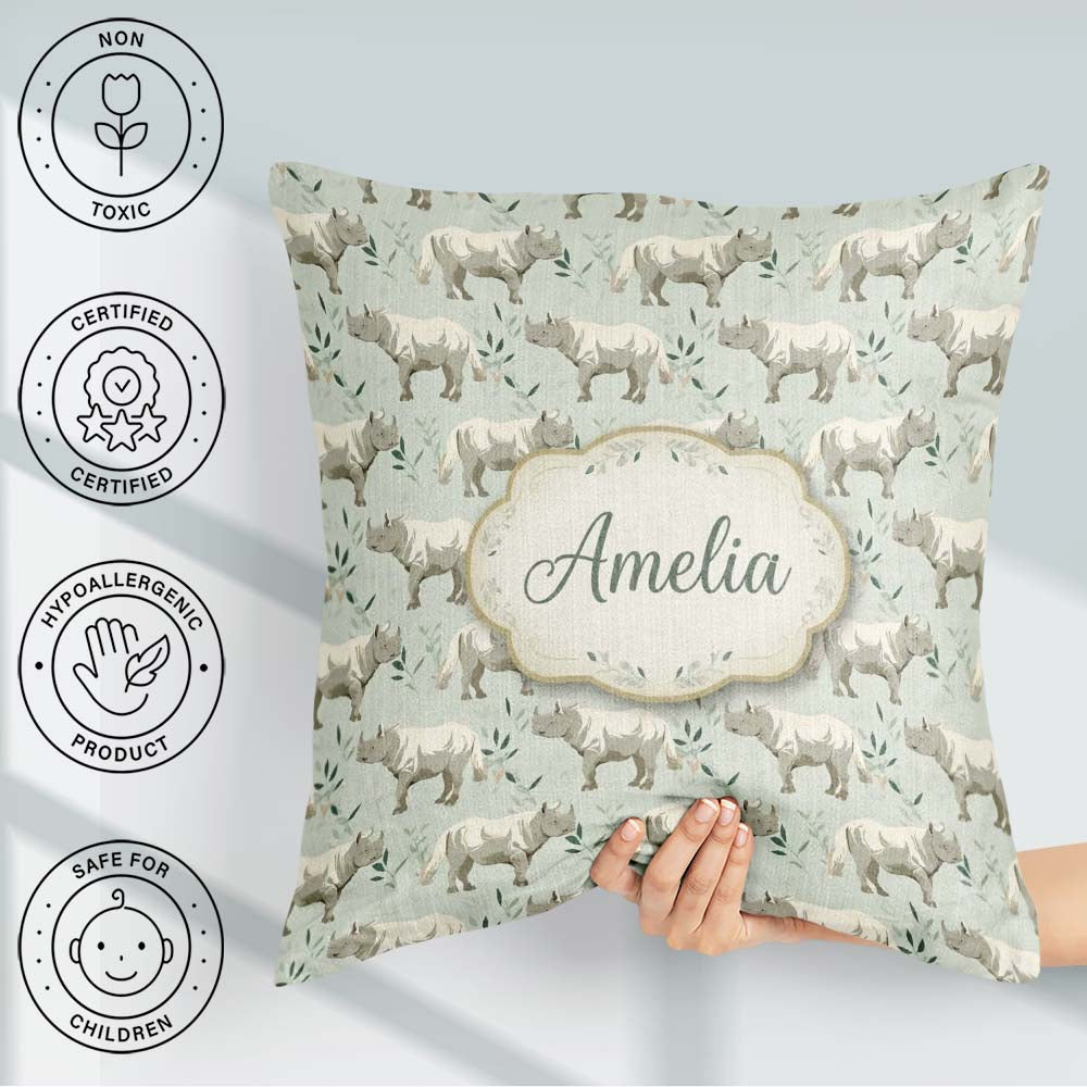 Custom Name Elegant Beige Rhino with Botanical Elements Seamless Square Filled Cushion Throw Pillow Sofa Bed Home Decor Zip Washable UK Made