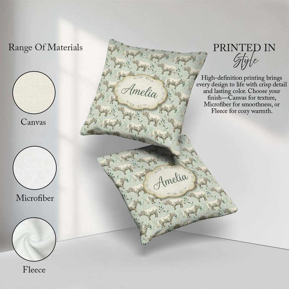 Custom Name Elegant Beige Rhino with Botanical Elements Seamless Square Filled Cushion Throw Pillow Sofa Bed Home Decor Zip Washable UK Made