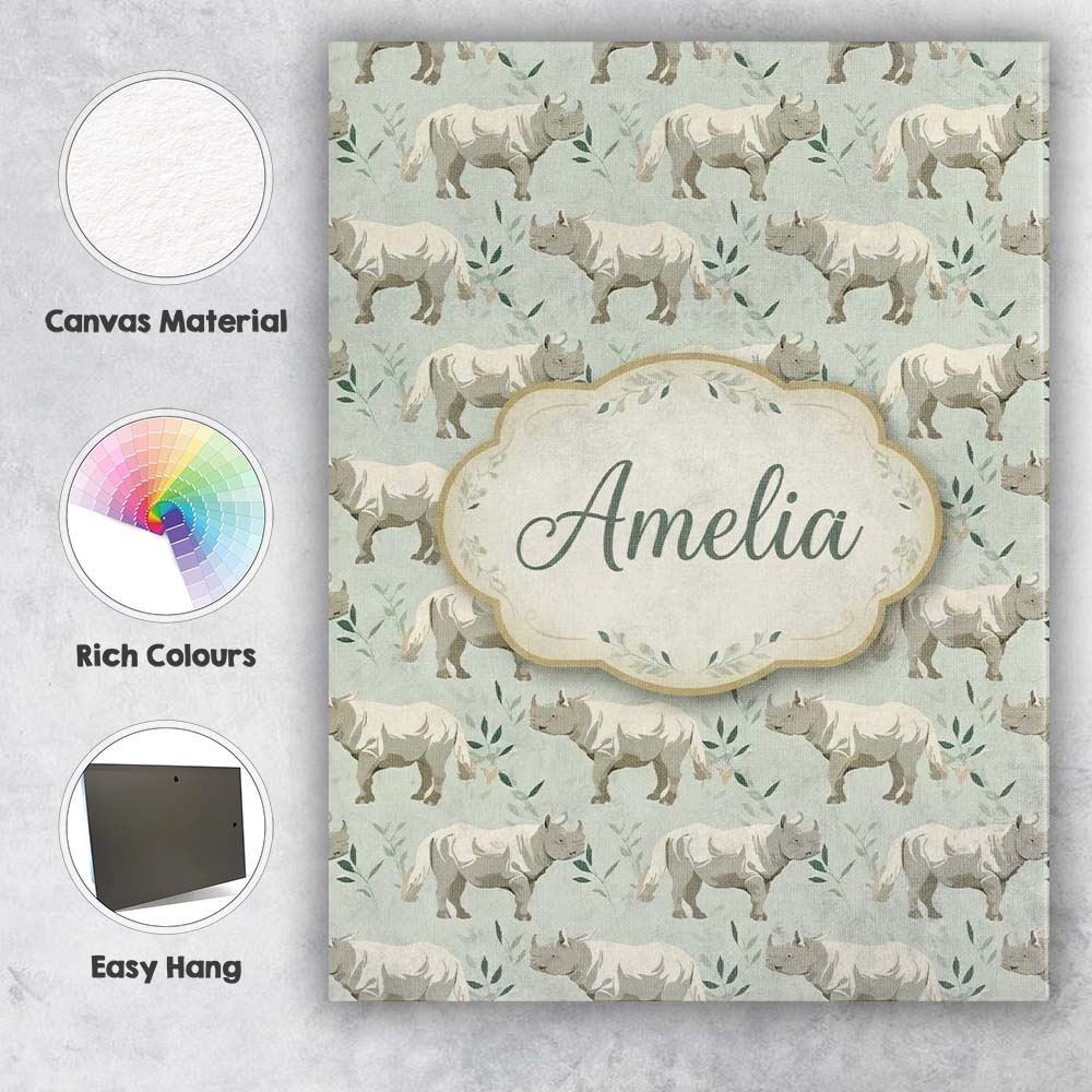 Personalised Name Elegant Beige Rhino with Custom Bespoke Contemporary Statement Canvas Wall Art Print Decor Picture Ready to Hang
