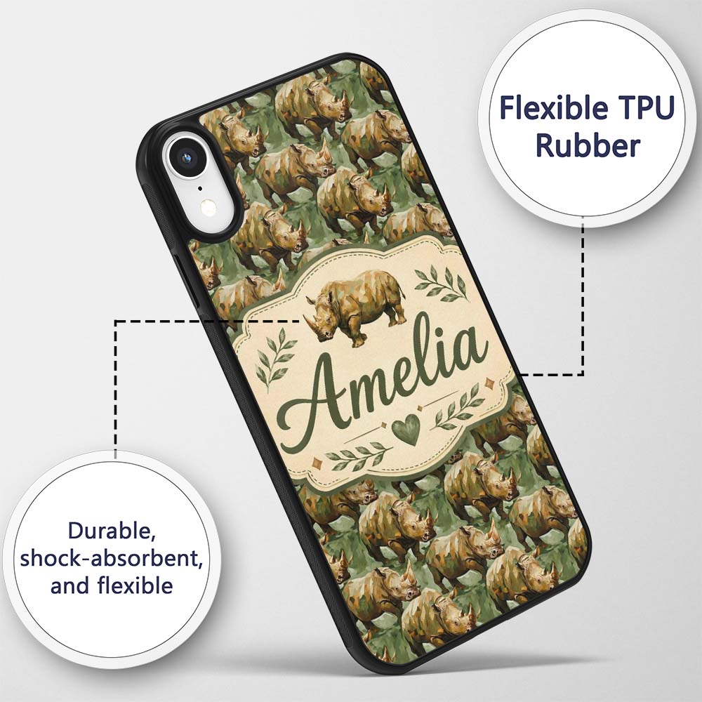 Artistic Painted Rhino in Natural Green Tones Custom Name Protective Phone Case Mobile Cover Durable Everyday Smartphone Shock Resistant