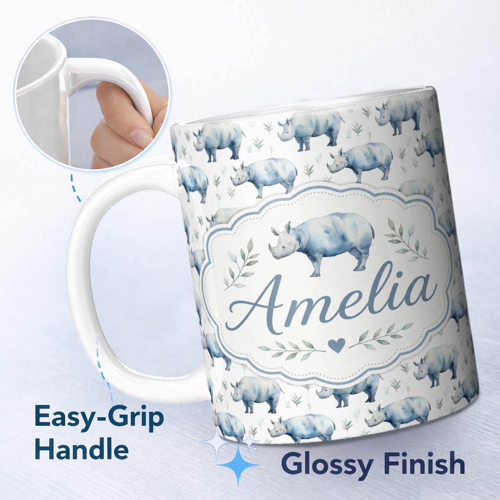 Personalized Custom Name Soft Blue Watercolor Rhino with Minimal Leaves Seamless Pattern 11oz Ceramic Coffee Tea Mug White Large Handle