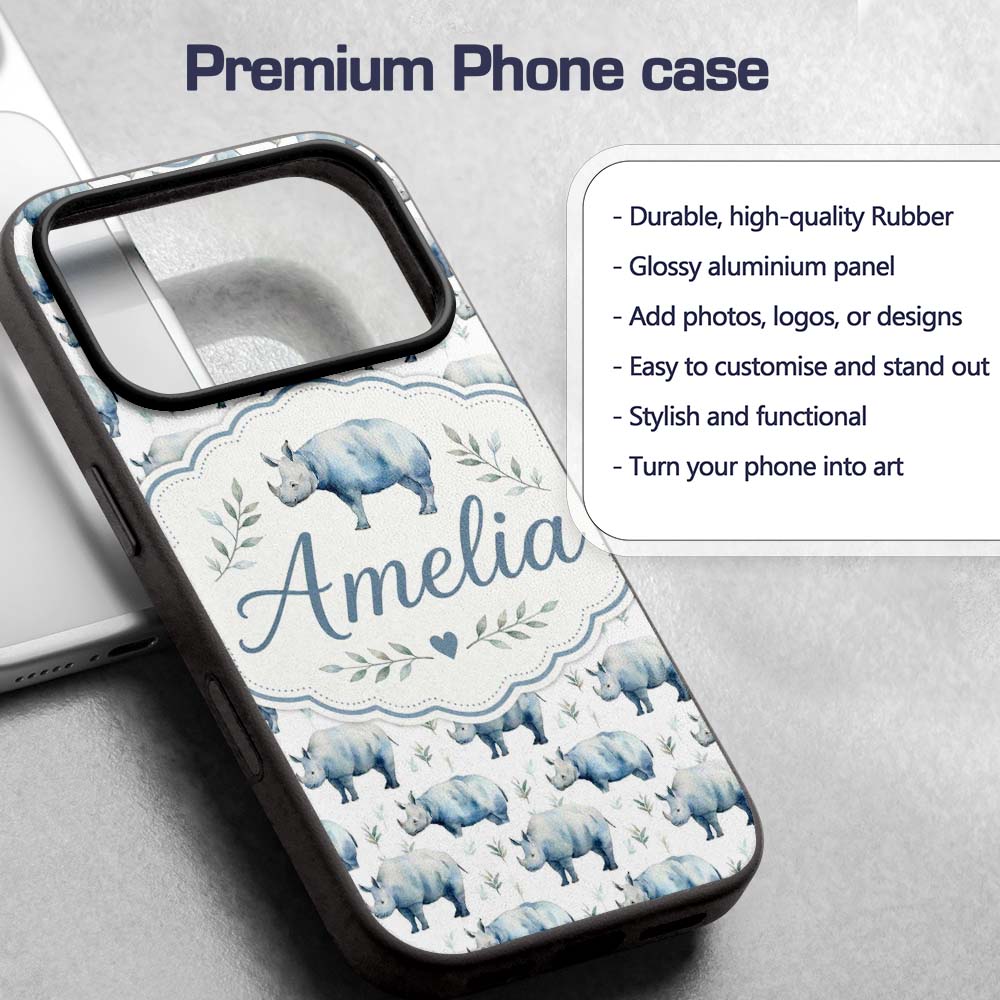 Soft Blue Watercolor Rhino with Minimal Leaves Custom Name Protective Phone Case Mobile Cover Durable Everyday Smartphone Shock Resistant