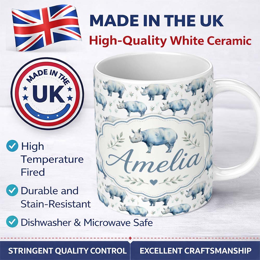 Personalized Custom Name Soft Blue Watercolor Rhino with Minimal Leaves Seamless Pattern 11oz Ceramic Coffee Tea Mug White Large Handle