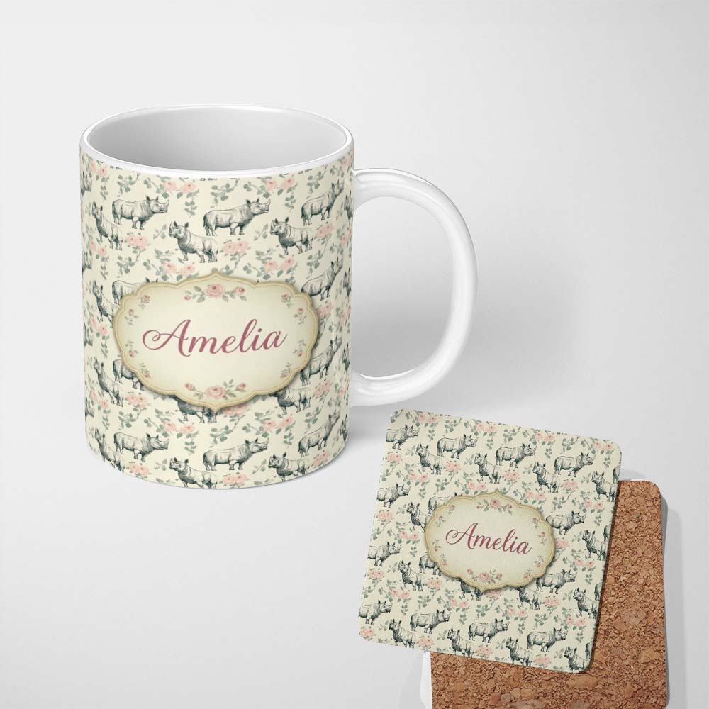 Personalized Custom Name Classic Rhino Sketch with Floral Rose Details Seamless Pattern Name 11oz Ceramic Coffee Tea Mug White Large Handle