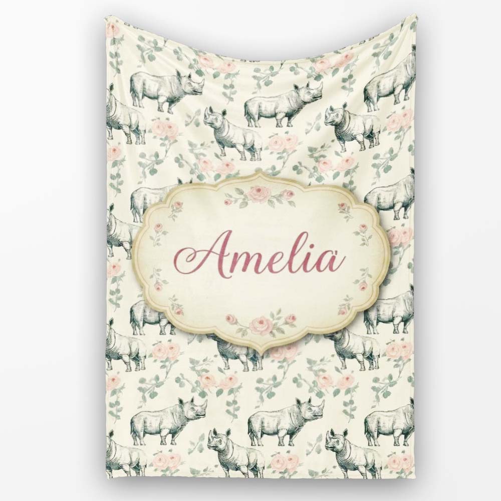 Classic Rhino Sketch with Floral Rose Details Seamless Pattern Name Personalised Custom Name Super Soft Fleece Blanket Bed Sofa Throw