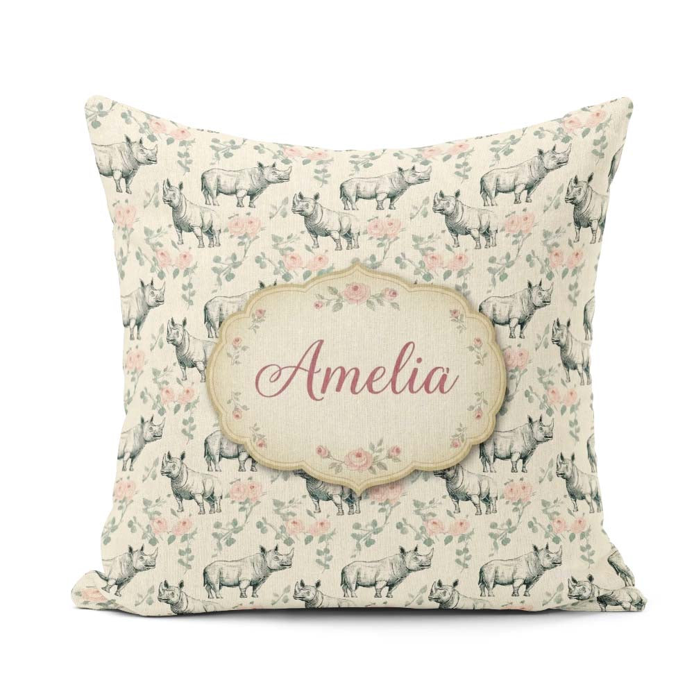 Custom Name Classic Rhino Sketch with Rose Details Seamless Name Square Filled Cushion Throw Pillow Sofa Bed Home Decor Zip Washable UK Made