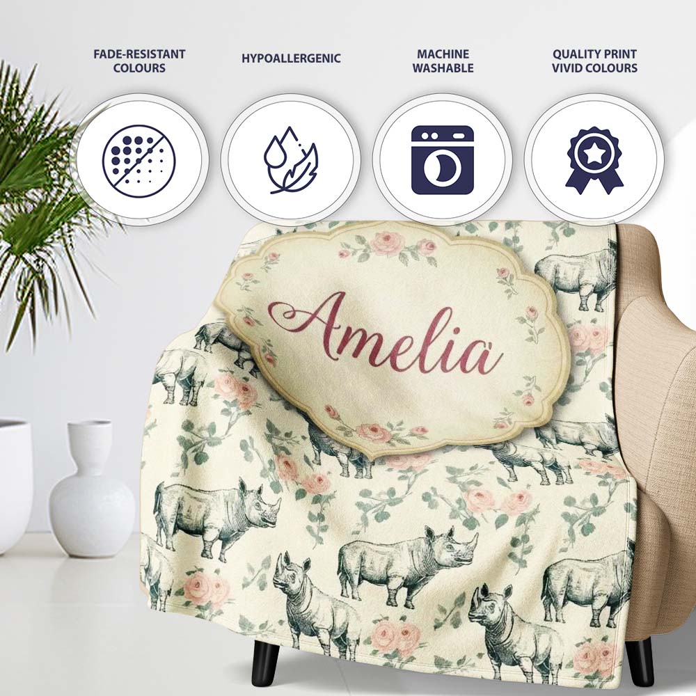 Classic Rhino Sketch with Floral Rose Details Seamless Pattern Name Personalised Custom Name Super Soft Fleece Blanket Bed Sofa Throw