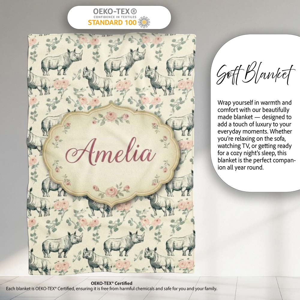 Classic Rhino Sketch with Floral Rose Details Seamless Pattern Name Personalised Custom Name Super Soft Fleece Blanket Bed Sofa Throw