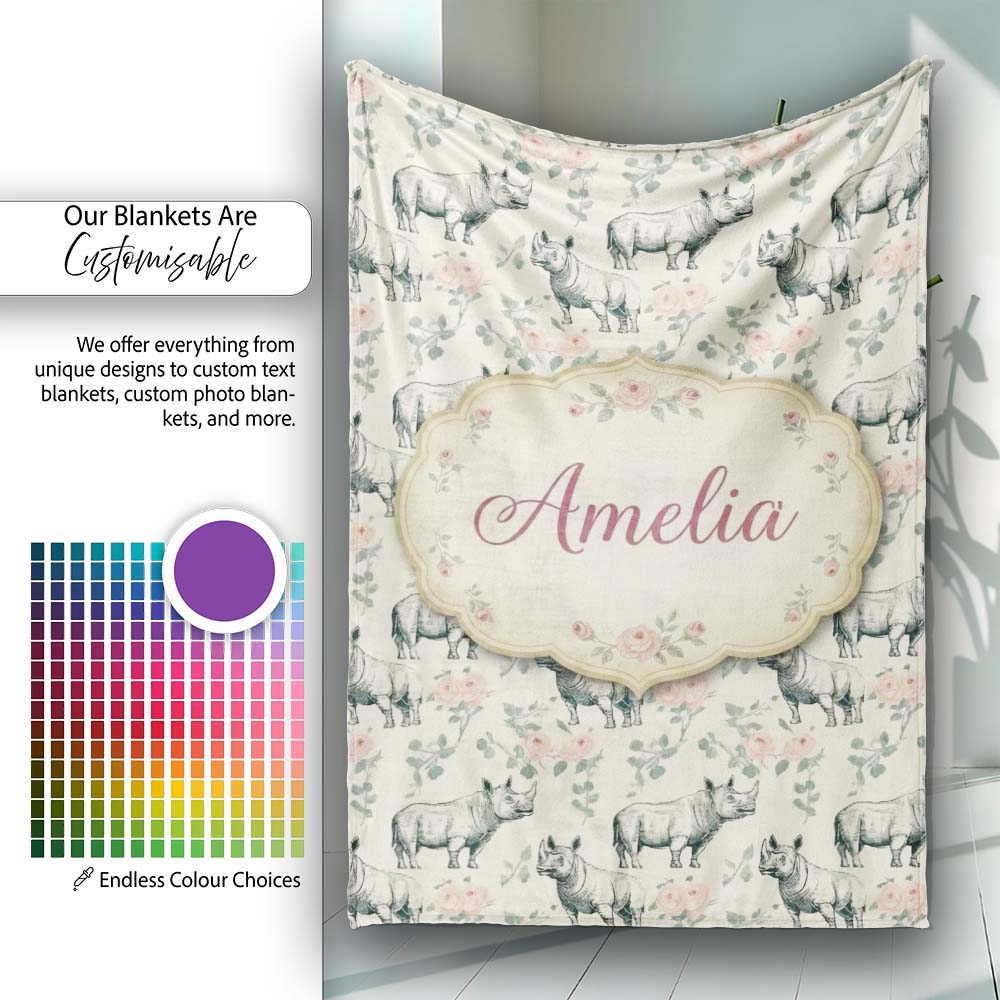 Classic Rhino Sketch with Floral Rose Details Seamless Pattern Name Personalised Custom Name Super Soft Fleece Blanket Bed Sofa Throw