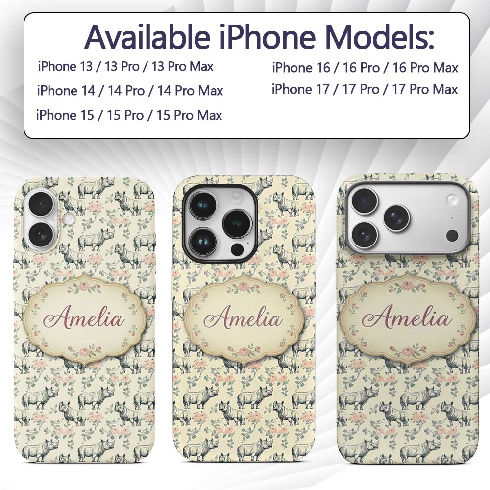 Classic Rhino Sketch with Floral Rose Details Custom Name Protective Phone Case Mobile Cover Durable Everyday Smartphone Shock Resistant
