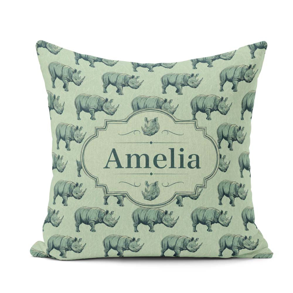 Custom Name Detailed Engraved Rhino on Green Background Seamless Square Filled Cushion Throw Pillow Sofa Bed Home Decor Zip Washable UK Made