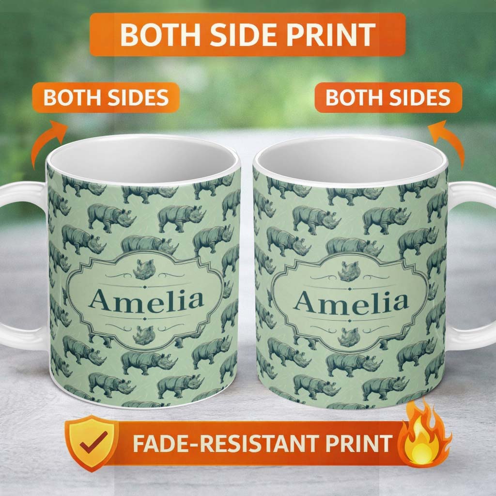 Personalized Custom Name Detailed Engraved Rhino on Green Background Seamless Pattern Name 11oz Ceramic Coffee Tea Mug White Large Handle