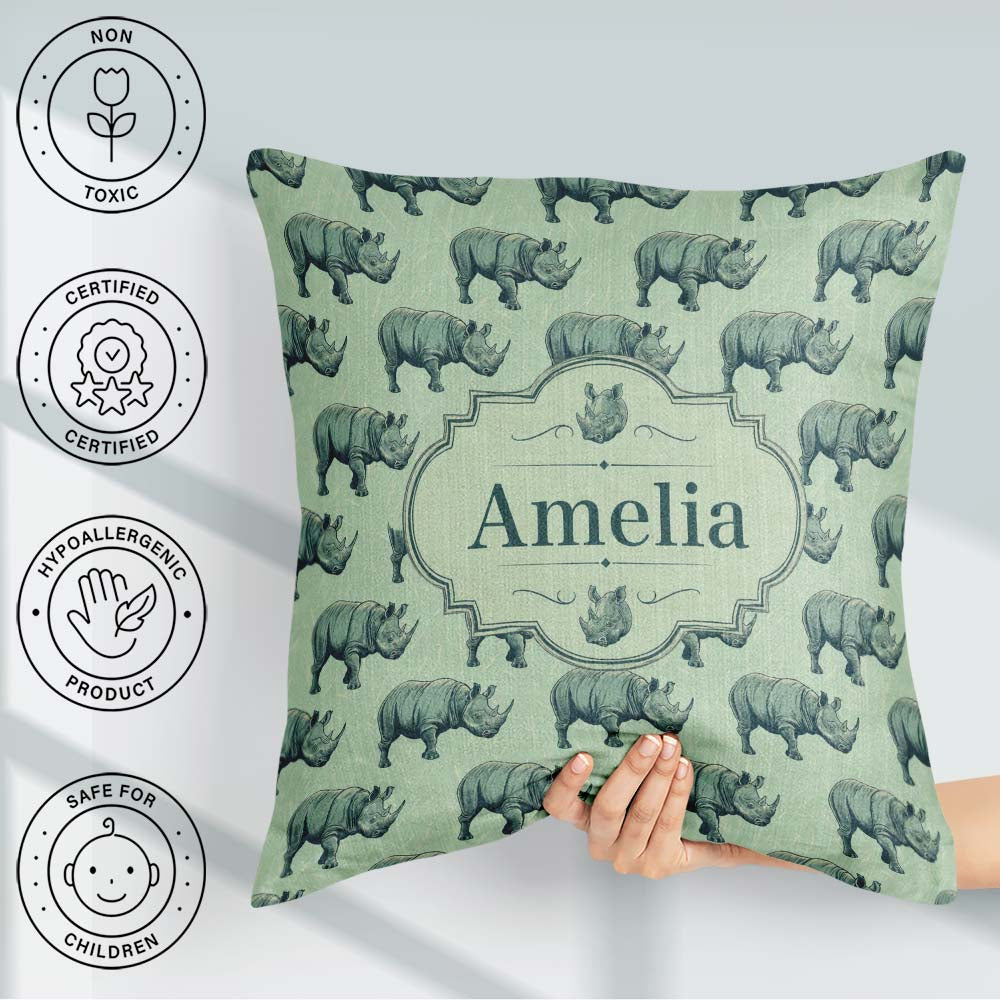 Custom Name Detailed Engraved Rhino on Green Background Seamless Square Filled Cushion Throw Pillow Sofa Bed Home Decor Zip Washable UK Made