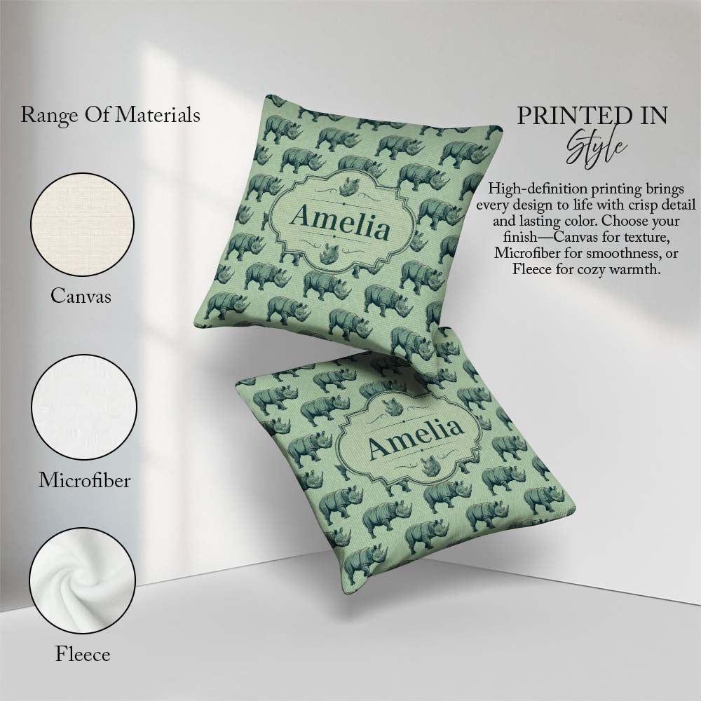 Custom Name Detailed Engraved Rhino on Green Background Seamless Square Filled Cushion Throw Pillow Sofa Bed Home Decor Zip Washable UK Made