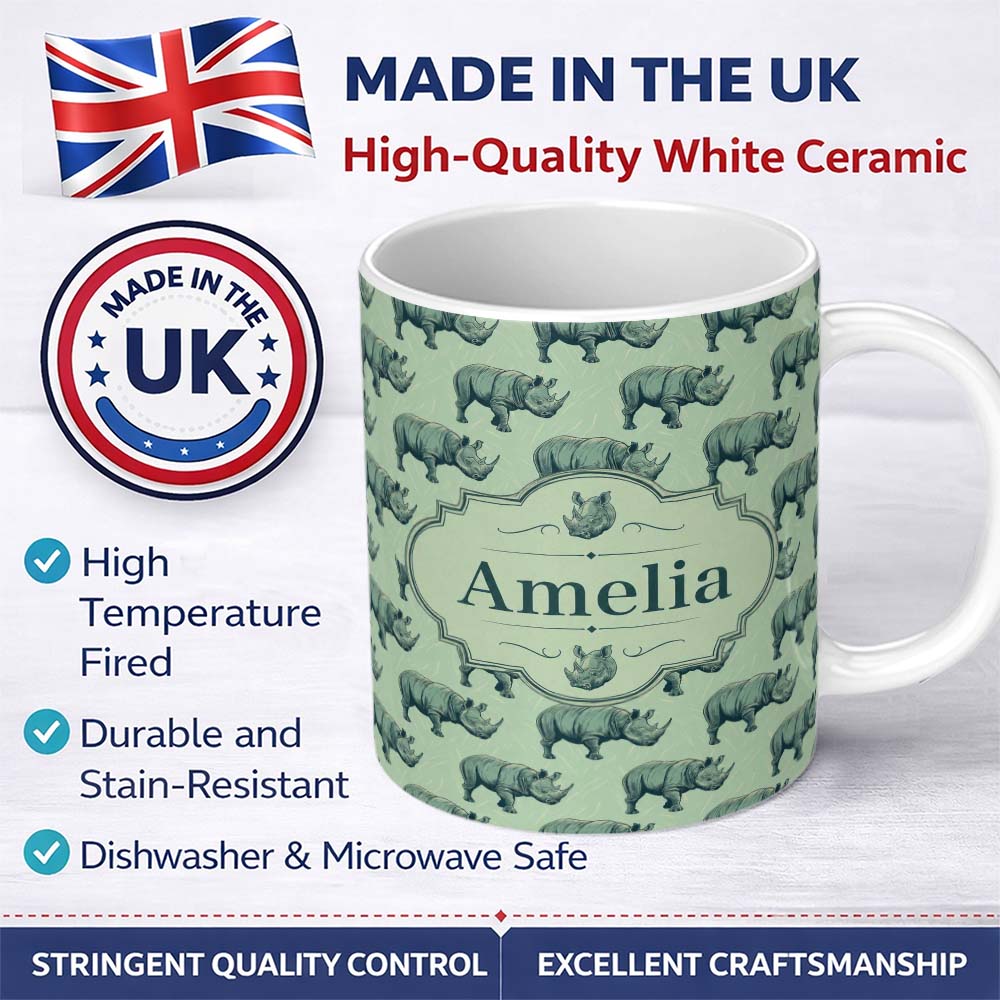 Personalized Custom Name Detailed Engraved Rhino on Green Background Seamless Pattern Name 11oz Ceramic Coffee Tea Mug White Large Handle