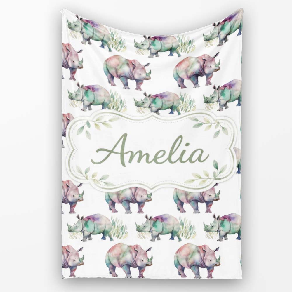 Colorful Watercolor Rhino with Soft Grass Elements Seamless Pattern Personalised Custom Name Super Soft Fleece Blanket Bed Sofa Throw