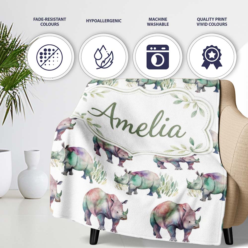 Colorful Watercolor Rhino with Soft Grass Elements Seamless Pattern Personalised Custom Name Super Soft Fleece Blanket Bed Sofa Throw