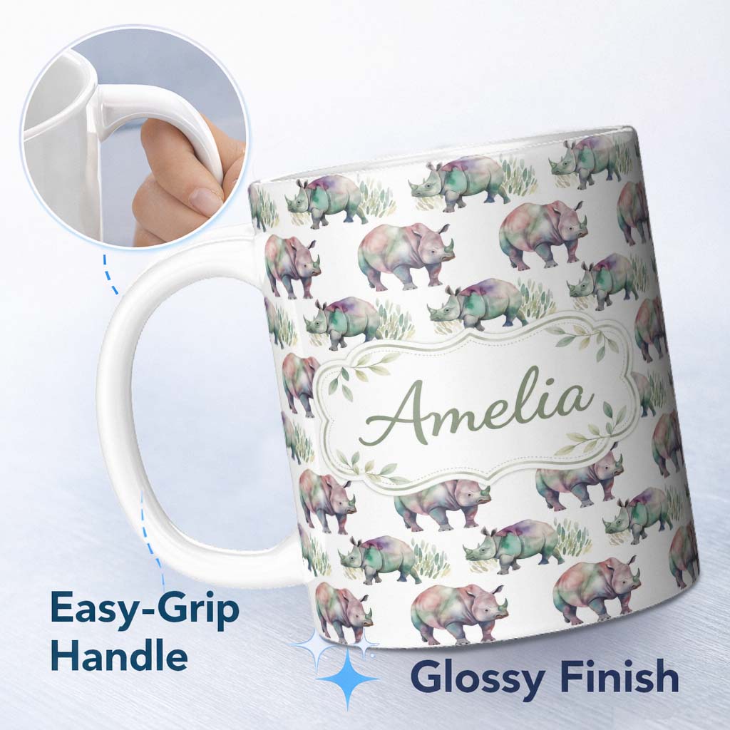 Personalized Custom Name Colorful Watercolor Rhino with Soft Grass Elements Seamless Pattern 11oz Ceramic Coffee Tea Mug White Large Handle