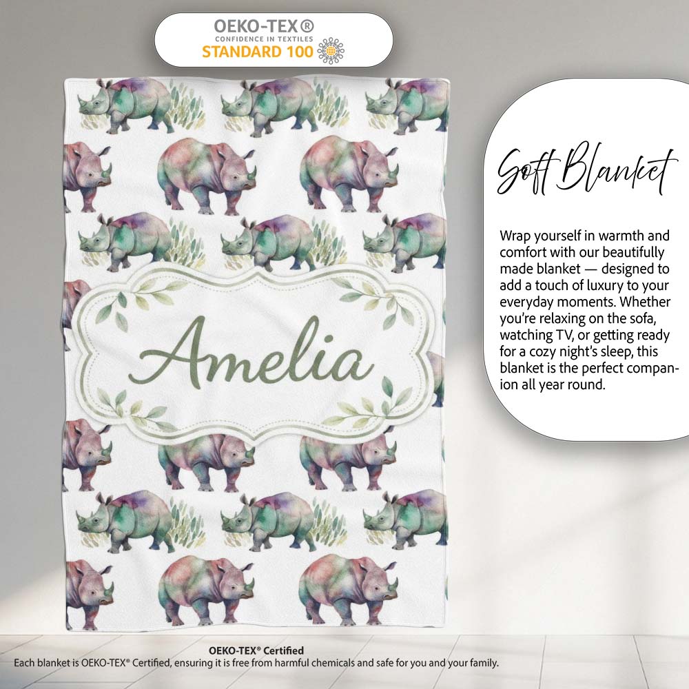 Colorful Watercolor Rhino with Soft Grass Elements Seamless Pattern Personalised Custom Name Super Soft Fleece Blanket Bed Sofa Throw