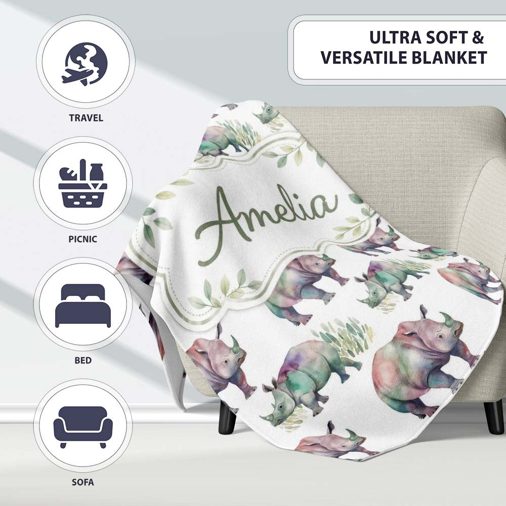 Colorful Watercolor Rhino with Soft Grass Elements Seamless Pattern Personalised Custom Name Super Soft Fleece Blanket Bed Sofa Throw