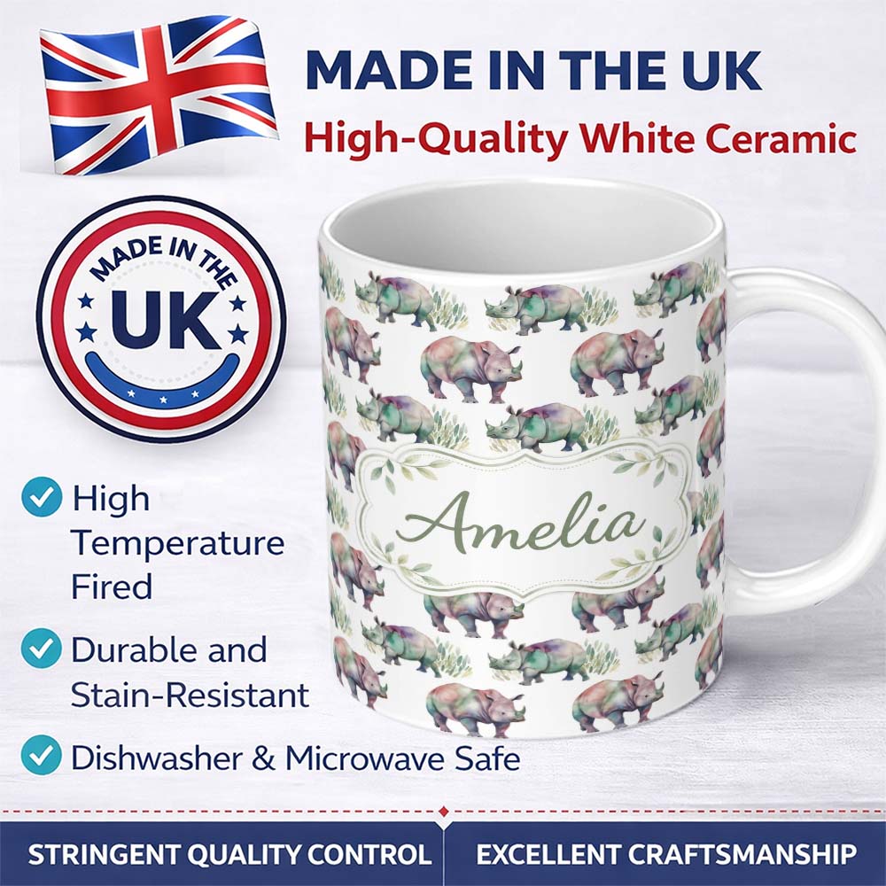 Personalized Custom Name Colorful Watercolor Rhino with Soft Grass Elements Seamless Pattern 11oz Ceramic Coffee Tea Mug White Large Handle