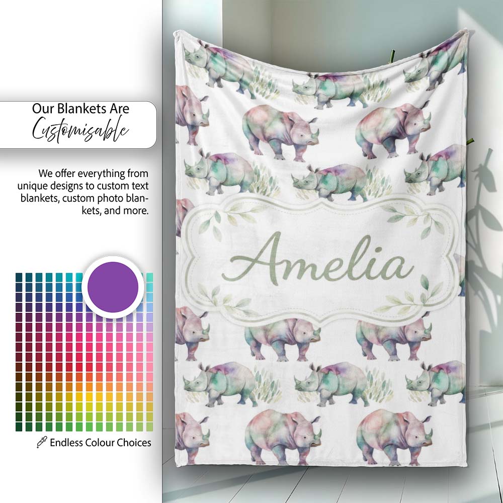 Colorful Watercolor Rhino with Soft Grass Elements Seamless Pattern Personalised Custom Name Super Soft Fleece Blanket Bed Sofa Throw
