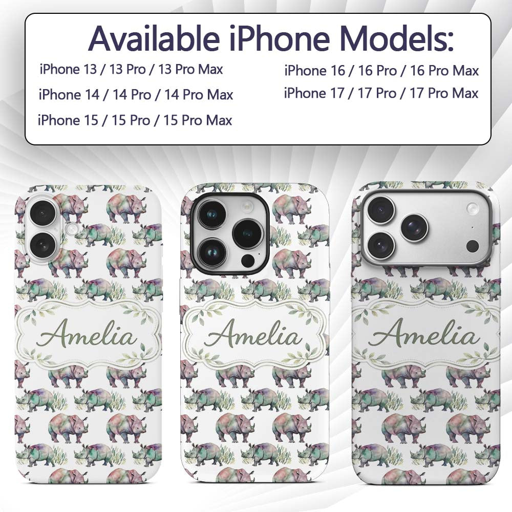 Colorful Watercolor Rhino with Printed Design Custom Name Protective Phone Case Mobile Cover Durable Everyday Smartphone Shock Resistant