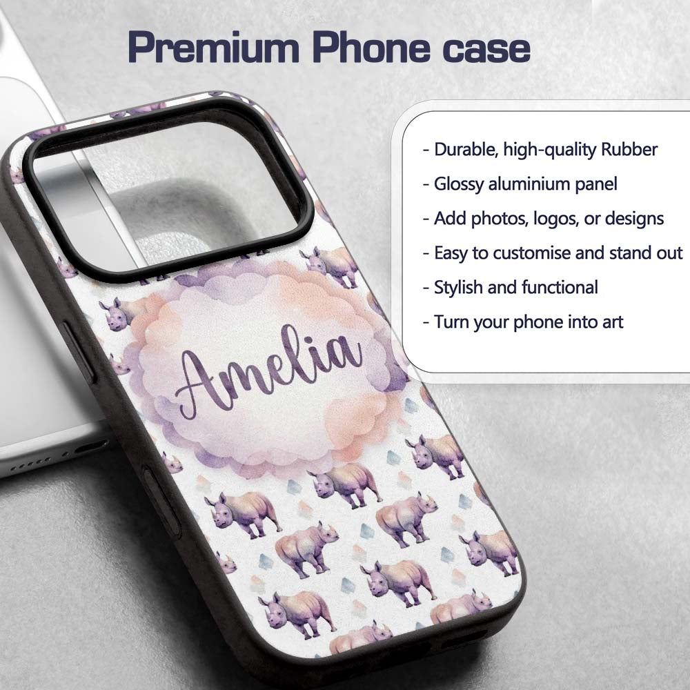 Pastel Purple Watercolor Rhino with Soft Diamond Custom Name Protective Phone Case Mobile Cover Durable Everyday Smartphone Shock Resistant
