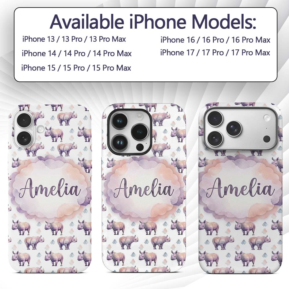 Pastel Purple Watercolor Rhino with Soft Diamond Custom Name Protective Phone Case Mobile Cover Durable Everyday Smartphone Shock Resistant