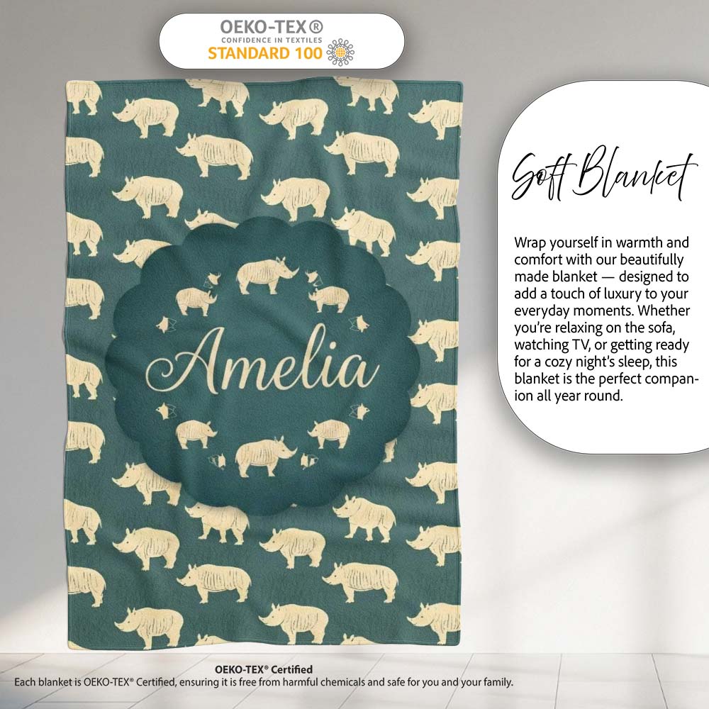 Minimal Beige Rhino Silhouette on Green Grass Background Seamless Personalised Custom Name Super Soft Fleece Blanket Bed Sofa Throw