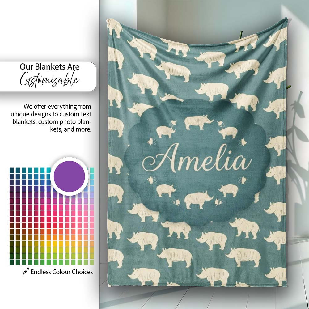 Minimal Beige Rhino Silhouette on Green Grass Background Seamless Personalised Custom Name Super Soft Fleece Blanket Bed Sofa Throw