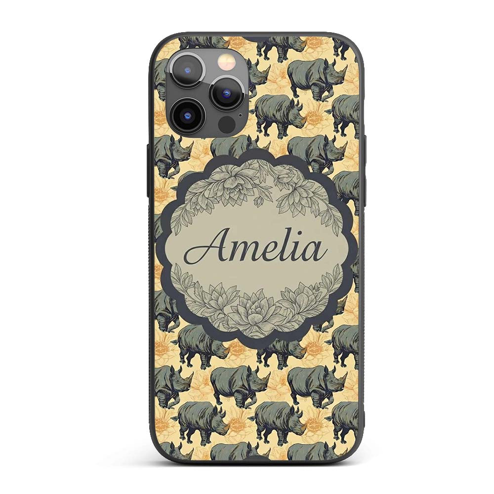 Dark Rhino with Floral Line Art Printed Design Custom Name Protective Phone Case Mobile Cover Durable Everyday Smartphone Shock Resistant